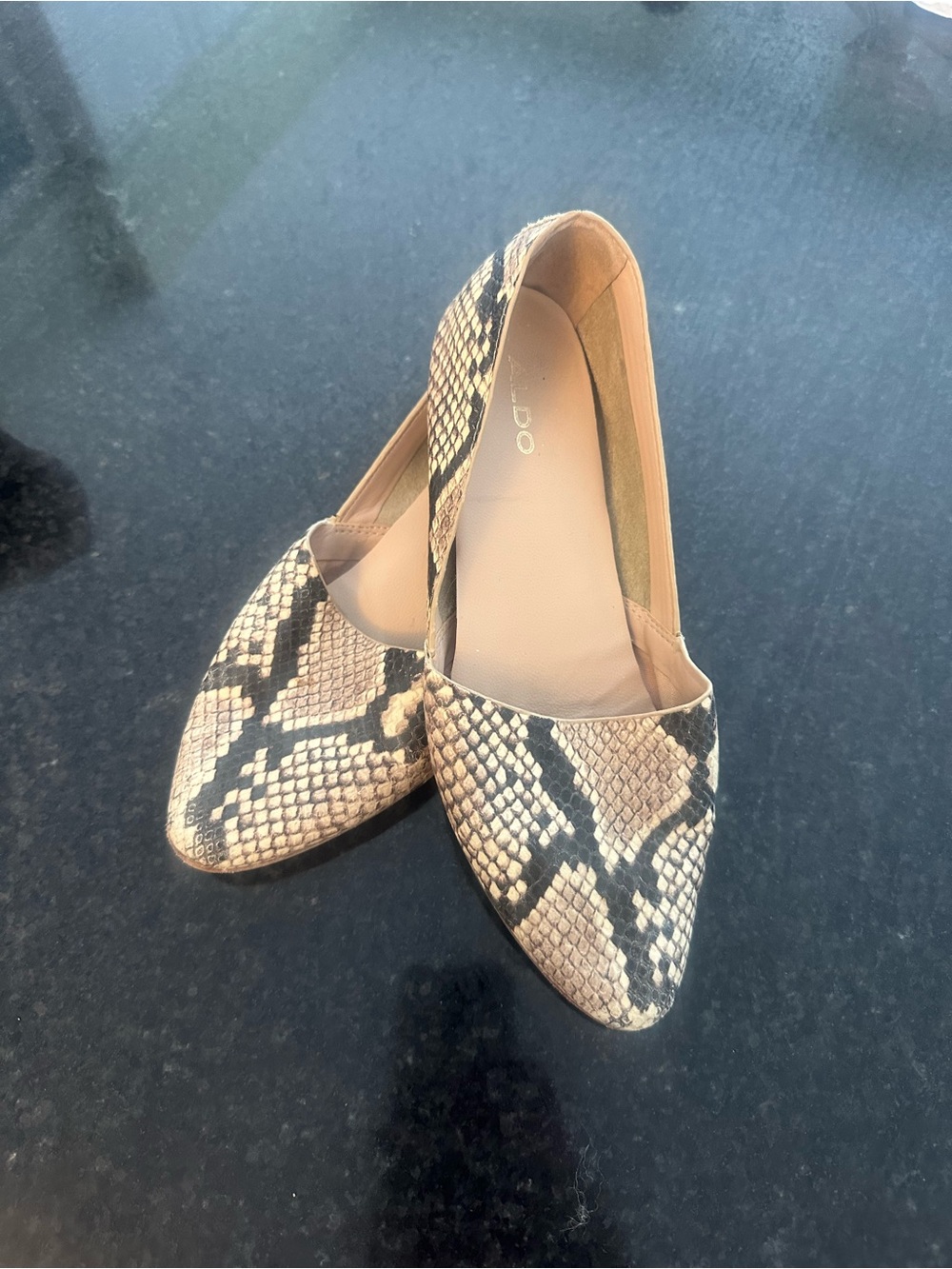ALDO Beige and Black Snake-Print Pointed Toe Flats